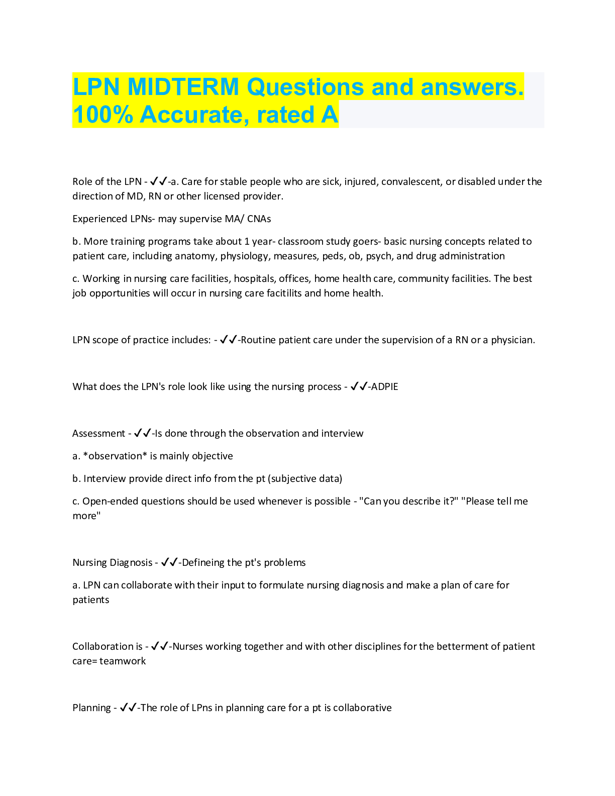 Preview image for LPN MIDTERM Questions and answers.  100% Accurate, rated A